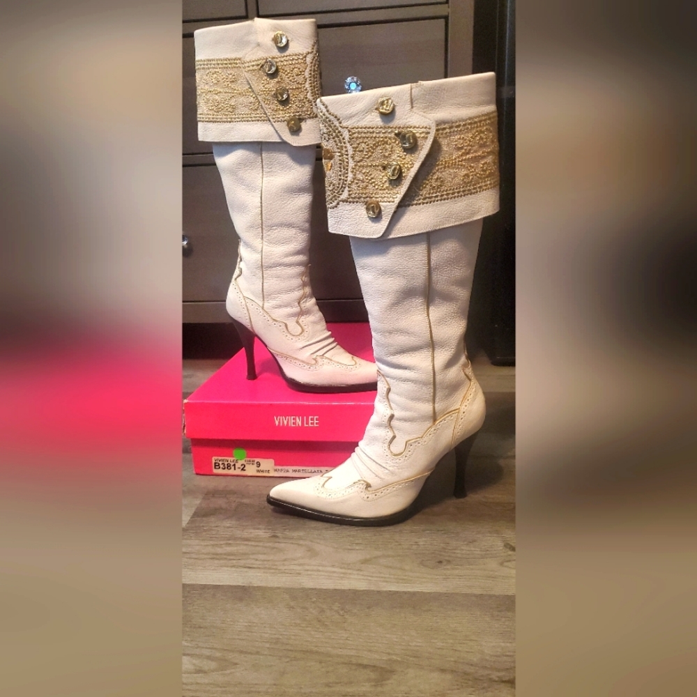 White and gold cowboy style high heel boots